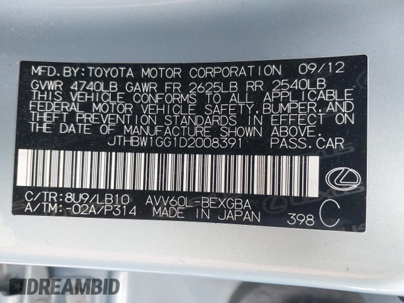 2013 Lexus ES 300h with VIN JTHBW1GG1D2008391, listed as a IAAI auction lot 42145055 with 127,722 mi miles and . Bid and sale history available at DreamBid. Image 9.