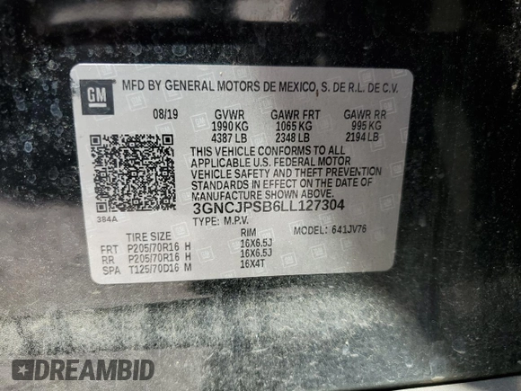 2020 Chevrolet Trax LT with VIN 3GNCJPSB6LL127304, listed as a Copart auction lot 58352545 with Not provided miles and Salvage title. Bid and sale history available at DreamBid. Image 14.