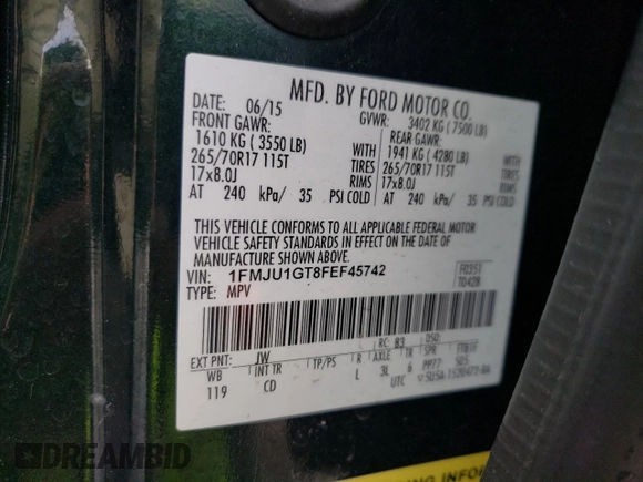 2015 Ford Expedition XL with VIN 1FMJU1GT8FEF45742, listed as a Copart auction lot 46344665 with 121,789 mi miles and Salvage title. Bid and sale history available at DreamBid. Image 13.