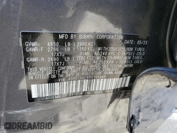 2024 Subaru Outback with VIN 4S4BTAAC4R3109860, listed as a Copart auction lot 54269705 with 5,188 mi miles and Salvage title. Bid and sale history available at DreamBid. Image 14.