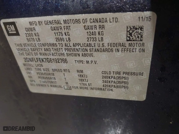 2016 Chevrolet Equinox LT with VIN 2GNFLFEK7G6192766, listed as a IAAI auction lot 41740702 with 144,503 mi miles. Bid and sale history available at carsss.com. Image 9.