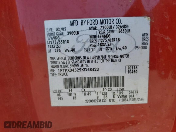 2005 Ford F-150 XLT with VIN 1FTPX04525KD58423, listed as a Copart auction lot 53495845 with 170,209 mi miles and Clean title. Bid and sale history available at DreamBid. Image 13.