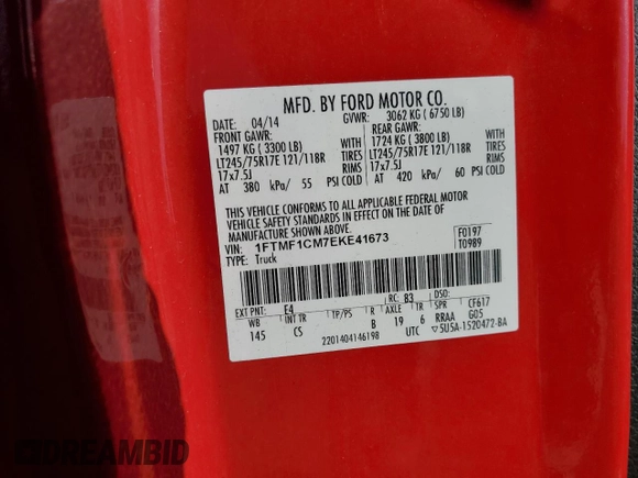 2014 Ford F-150 XL with VIN 1FTMF1CM7EKE41673, listed as a Copart auction lot 55692625 with 48,483 mi miles and Salvage title. Bid and sale history available at DreamBid. Image 12.
