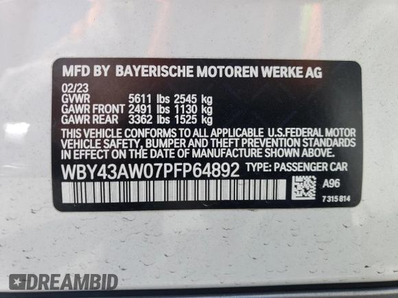 2023 BMW i4 eDrive35 with VIN WBY43AW07PFP64892, listed as a Copart auction lot 55696614 with 3,491 mi miles and Salvage Title. Bid and sale history available at carsss.com. Image 12.