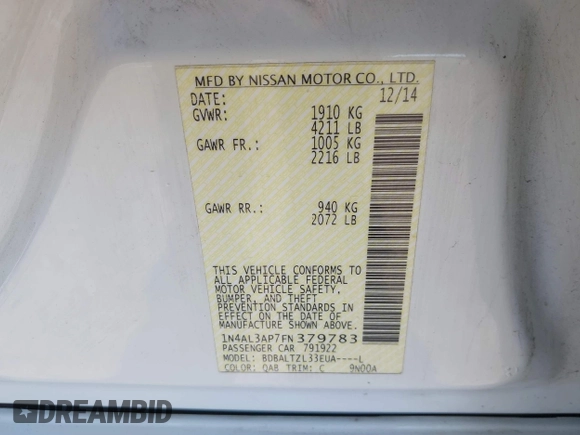 2015 Nissan Altima S with VIN 1N4AL3AP7FN379783, listed as a IAAI auction lot 41673921 with 143,713 mi miles and . Bid and sale history available at DreamBid. Image 9.
