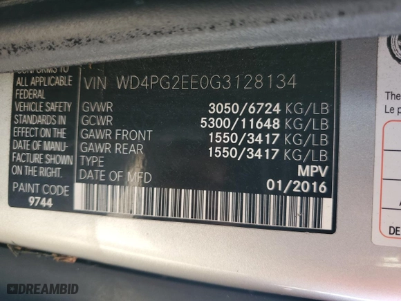 2016 Mercedes-Benz Metris Passenger Van with VIN WD4PG2EE0G3128134, listed as a Copart auction lot 73753184 with 0 mi miles and Salvage Title. Bid and sale history available at carsss.com. Image 14.