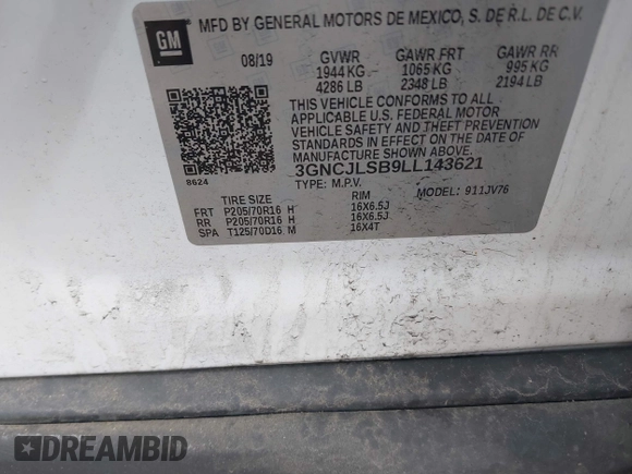 2020 Chevrolet Trax LT with VIN 3GNCJLSB9LL143621, listed as a IAAI auction lot 42253775 with 63,822 mi miles and . Bid and sale history available at DreamBid. Image 9.