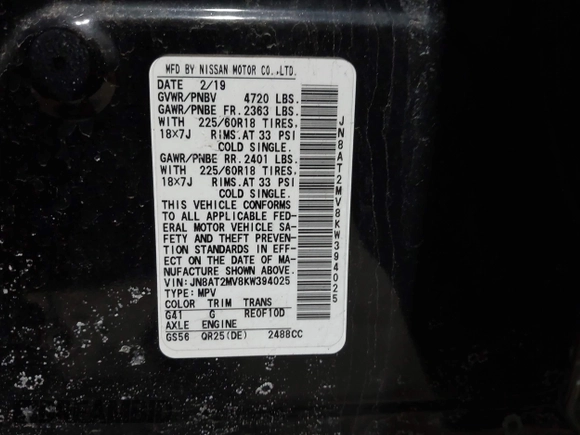 2019 Nissan Rogue SV with VIN JN8AT2MV8KW394025, listed as a IAAI auction lot 41473221 with 105,698 mi miles. Bid and sale history available at carsss.com. Image 9.