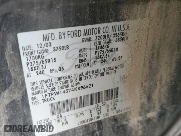 2004 Ford F-150 XLT with VIN 1FTPW14574KB96621, listed as a Copart auction lot 61137655 with 220,659 mi miles and Salvage title. Bid and sale history available at DreamBid. Image 12.