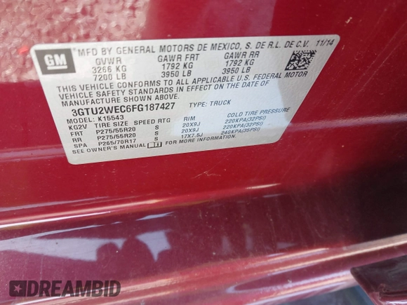 2015 GMC Sierra 1500 Denali with VIN 3GTU2WEC6FG187427, listed as a IAAI auction lot 41874355 with 166,913 mi miles and . Bid and sale history available at DreamBid. Image 9.