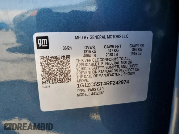 2024 Chevrolet Malibu LS with VIN 1G1ZC5ST4RF242974, listed as a Copart auction lot 52829465 with 10,625 mi miles and Salvage Title. Bid and sale history available at DreamBid. Image 12.