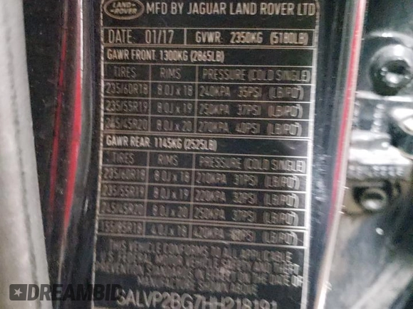 2017 Land Rover Range Rover Evoque SE with VIN SALVP2BG7HH218191, listed as a Copart auction lot 50176915 with 97,755 mi miles and Salvage Title. Bid and sale history available at DreamBid. Image 13.