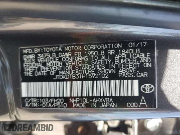 2017 Toyota Prius One with VIN JTDKDTB31H1592102, listed as a Copart auction lot 50750205 with 85,875 mi miles and Salvage title. Bid and sale history available at DreamBid. Image 12.