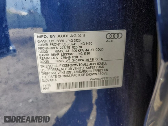 2015 Audi Q7 S line Prestige с VIN WA1DGAFE3FD018381, выставлен на аукционе Copart как лот 54850335 с пробегом 172 002 миль миль и На запчасти • Non repairable. История ставок и продаж доступна на DreamBid. Изображение 14.