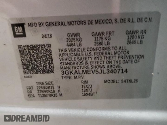 2018 GMC Terrain SLE with VIN 3GKALMEV5JL340714, listed as a Copart auction lot 50564855 with 85,120 mi miles and Salvage Title. Bid and sale history available at DreamBid. Image 13.