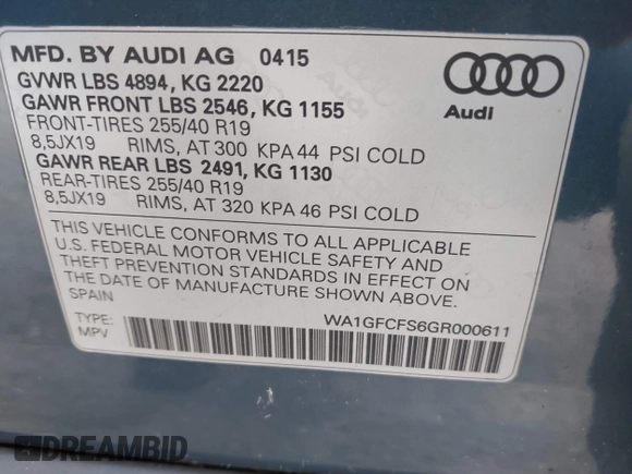 2016 Audi Q3 Prestige with VIN WA1GFCFS6GR000611, listed as a IAAI auction lot 42681093 with 106,260 mi miles and . Bid and sale history available at DreamBid. Image 9.