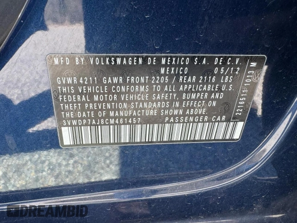 2012 Volkswagen Jetta SE z VIN 3VWDP7AJ8CM46, wystawiony jako Copart lot #55693265 z przebiegiem 116 552 mil mil oraz Czysty tytuł • Clean title. Historia ofert i sprzedaży dostępna na DreamBid. Obrazek 10.