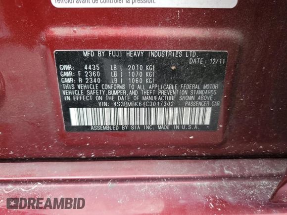2012 Subaru Legacy Limited with VIN 4S3BMBK64C3017302, listed as a Copart auction lot 57880845 with Not provided miles and Salvage title. Bid and sale history available at DreamBid. Image 12.