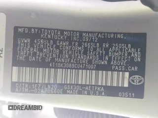 2012 Toyota Avalon with VIN 4T1BK3DB9CU471007, listed as a IAAI auction lot 41478581 with 17,606 mi miles and . Bid and sale history available at DreamBid. Image 9.