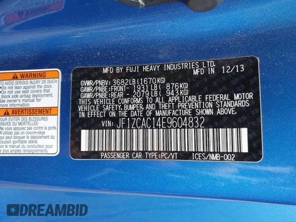 2014 Subaru BRZ Limited with VIN JF1ZCAC14E9604832, listed as a IAAI auction lot 41894512 with 97,729 mi miles. Bid and sale history available at carsss.com. Image 9.