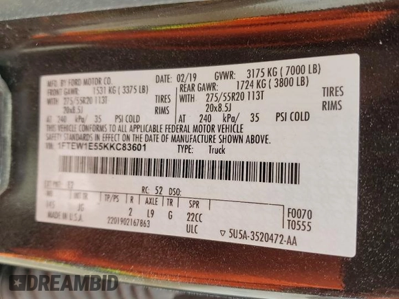 2019 Ford F-150 XL z VIN 1FTEW1E55KKC83601, wystawiony jako Copart lot #60885945 z przebiegiem Nie podano mil oraz Nie do naprawy • Non repairable. Historia ofert i sprzedaży dostępna na DreamBid. Obrazek 12.