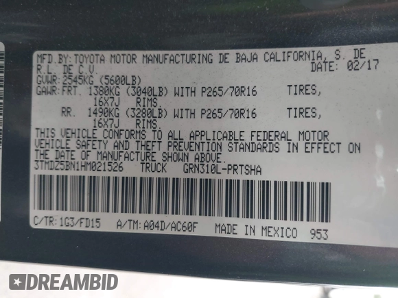 2017 Toyota Tacoma SR5 with VIN 3TMDZ5BN1HM021526, listed as a IAAI auction lot 42204091 with 82,802 mi miles and . Bid and sale history available at DreamBid. Image 9.
