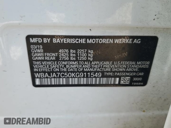 2019 BMW 5 Series 530i xDrive with VIN WBAJA7C50KG911549, listed as a Copart auction lot 50158135 with 91,390 mi miles and Salvage title. Bid and sale history available at DreamBid. Image 14.