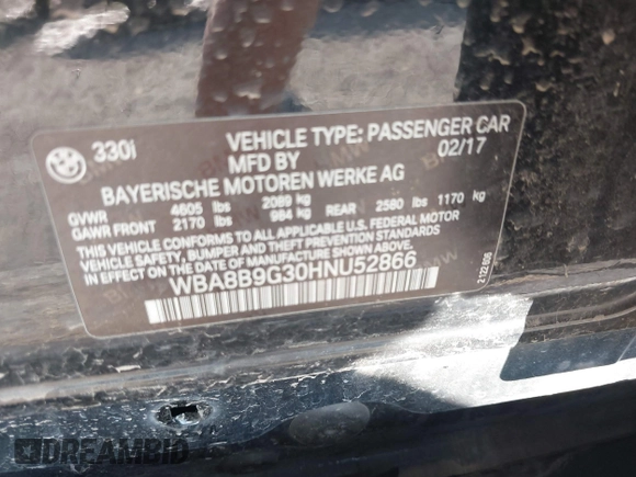 2017 BMW 3 Series 330i with VIN WBA8B9G30HNU52866, listed as a IAAI auction lot 41965981 with 167,438 mi miles and . Bid and sale history available at DreamBid. Image 9.
