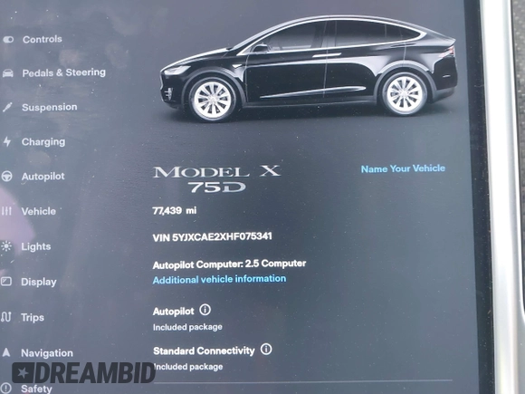 2017 Tesla Model X 90D with VIN 5YJXCAE2XHF075341, listed as a IAAI auction lot 41784008 with 77,439 mi miles and . Bid and sale history available at DreamBid. Image 7.