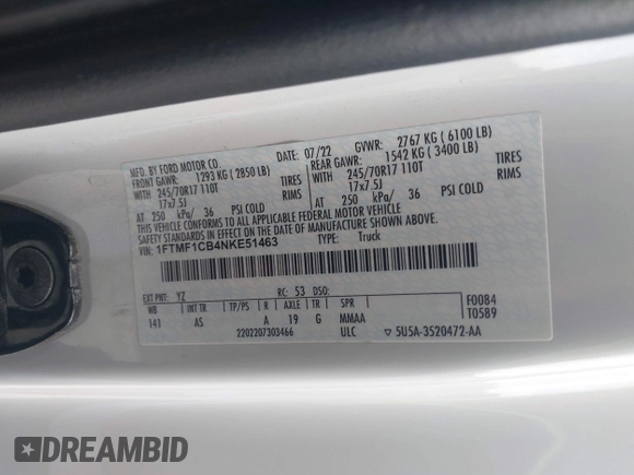 2022 Ford F-150 XL with VIN 1FTMF1CB4NKE51463, listed as a IAAI auction lot 42034226 with 82,658 mi miles and . Bid and sale history available at DreamBid. Image 9.