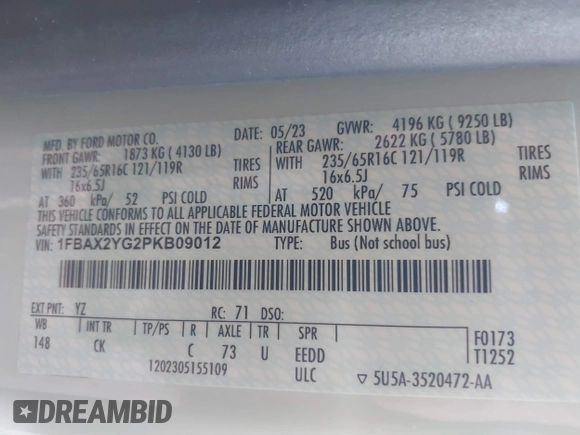 2023 Ford Transit Passenger XL with VIN 1FBAX2YG2PKB09012, listed as a IAAI auction lot 41814263 with 50,901 mi miles. Bid and sale history available at carsss.com. Image 9.