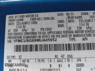 2021 Ford Escape SE с VIN 1FMCU9G69MUA05952, выставлен на аукционе IAAI как лот 41718174 с пробегом 126 700 миль миль и . История ставок и продаж доступна на DreamBid. Изображение 9.