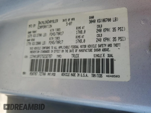 2007 Dodge 1500 SLT with VIN 1D7HA18P27S232787, listed as a Copart auction lot 86873164 with 346,744 mi miles and Salvage Title. Bid and sale history available at DreamBid. Image 14.