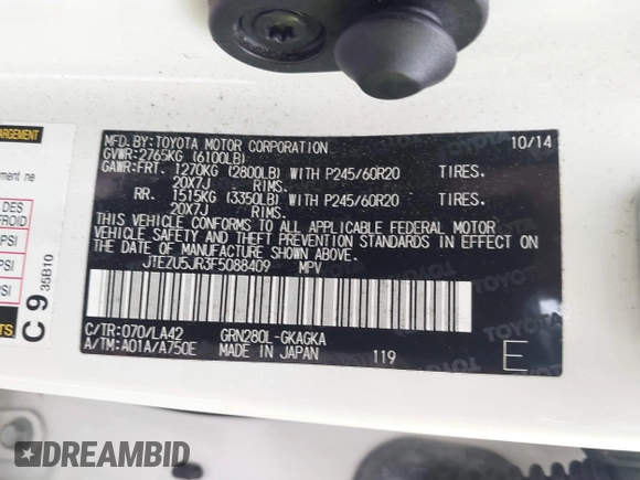 2015 Toyota 4Runner SR5 with VIN JTEZU5JR3F5088409, listed as a IAAI auction lot 40375849 with 157,697 mi miles and . Bid and sale history available at DreamBid. Image 9.