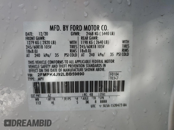 2020 Ford Edge SEL with VIN 2FMPK4J92LBB59890, listed as a Copart auction lot 48023155 with 0 mi miles and Non Repairable. Bid and sale history available at carsss.com. Image 13.