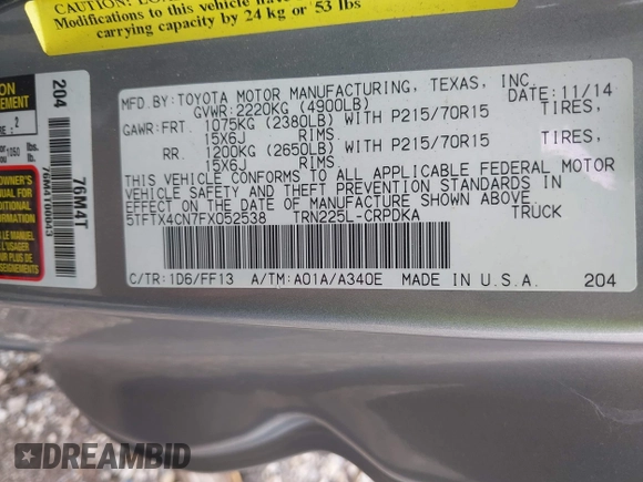 2015 Toyota Tacoma with VIN 5TFTX4CN7FX052538, listed as a IAAI auction lot 42465330 with 81,530 mi miles and . Bid and sale history available at DreamBid. Image 9.