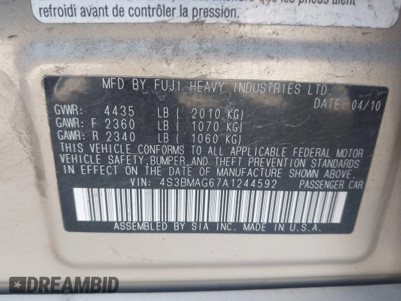 2010 Subaru Legacy Premium z VIN 4S3BMAG67A1244592, wystawiony jako IAAI lot #42349516 z przebiegiem 205 094 mil mil oraz . Historia ofert i sprzedaży dostępna na DreamBid. Obrazek 9.
