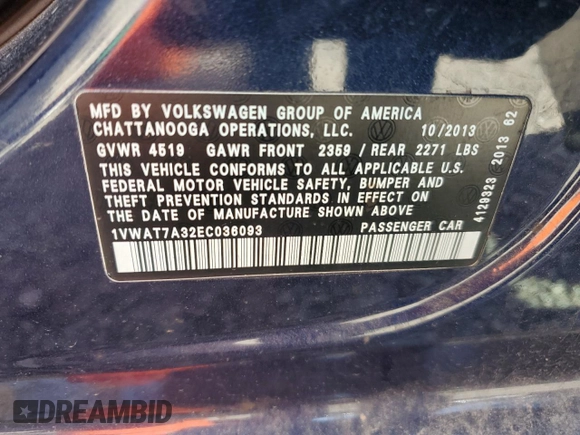 2014 Volkswagen Passat Wolfsburg Edition z VIN 1VWAT7A32EC036093, wystawiony jako Copart lot #52129185 z przebiegiem 106 949 mil mil oraz Szkoda całkowita • Salvage title. Historia ofert i sprzedaży dostępna na DreamBid. Obrazek 14.