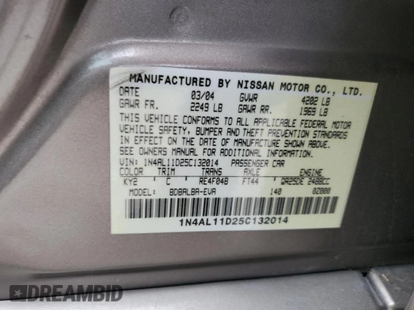2005 Nissan Altima 2.5 with VIN 1N4AL11D25C132014, listed as a Copart auction lot 49396375 with 222,935 mi miles and Salvage Title. Bid and sale history available at carsss.com. Image 12.