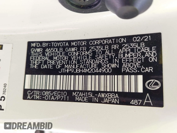 2021 Lexus UX with VIN JTHP9JBH4M2044900, listed as a IAAI auction lot 40543882 with 1 mi miles. Bid and sale history available at carsss.com. Image 9.