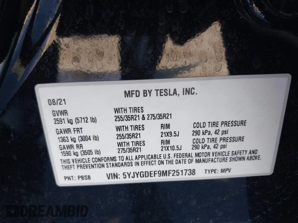 2021 Tesla Model Y Performance with VIN 5YJYGDEF9MF251738, listed as a IAAI auction lot 41708950 with 61,248 mi miles and . Bid and sale history available at DreamBid. Image 9.