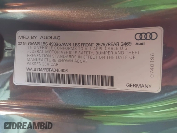 2015 Audi S5 Premium Plus with VIN WAUCGAFR0FA045606, listed as a IAAI auction lot 41962738 with 199,416 mi miles. Bid and sale history available at carsss.com. Image 9.