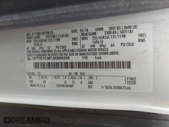 2018 Ford Transit with VIN 1FTYE1CM7JKB09229, listed as a IAAI auction lot 41851224 with 33,916 mi miles and . Bid and sale history available at DreamBid. Image 9.