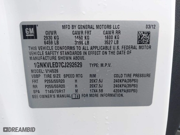 2012 Chevrolet Traverse LTZ with VIN 1GNKVLED7CJ292629, listed as a IAAI auction lot 41871007 with 183,673 mi miles. Bid and sale history available at carsss.com. Image 9.