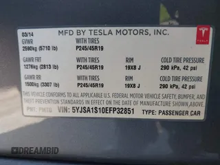 2014 Tesla Model S 60 with VIN 5YJSA1S10EFP32851, listed as a IAAI auction lot 41730746 with 91,657 mi miles and . Bid and sale history available at DreamBid. Image 9.
