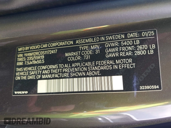 2025 Volvo XC60 Plus z VIN YV4M12RC0S1172417, wystawiony jako IAAI lot #42438854 z przebiegiem 2 853 mil mil oraz . Historia ofert i sprzedaży dostępna na DreamBid. Obrazek 9.