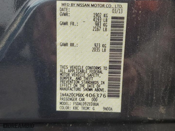 2013 Nissan LEAF S with VIN 1N4AZ0CP6DC406376, listed as a Copart auction lot 82255464 with NaN miles and Salvage Title. Bid and sale history available at carsss.com. Image 12.