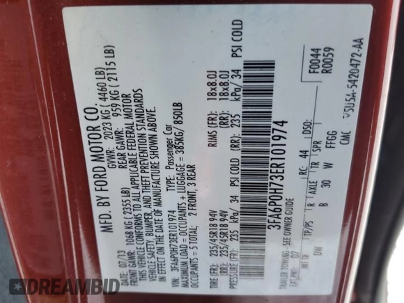2014 Ford Fusion SE with VIN 3FA6P0H73ER101974, listed as a Copart auction lot 50574385 with 148,989 mi miles and Salvage Title. Bid and sale history available at carsss.com. Image 12.
