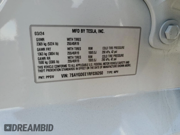 2024 Tesla Model Y Long Range with VIN 7SAYGDEE1RF036260, listed as a Copart auction lot 78805764 with 7,850 mi miles and Non repairable. Bid and sale history available at DreamBid. Image 15.
