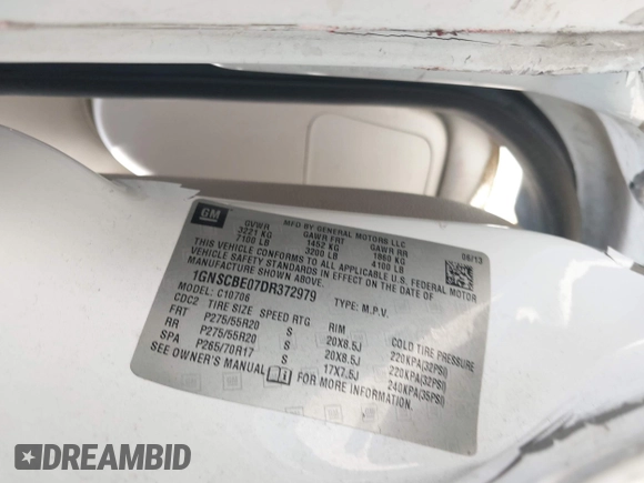 2013 Chevrolet Tahoe LT with VIN 1GNSCBE07DR372979, listed as a IAAI auction lot 42281955 with 214,737 mi miles and . Bid and sale history available at DreamBid. Image 9.